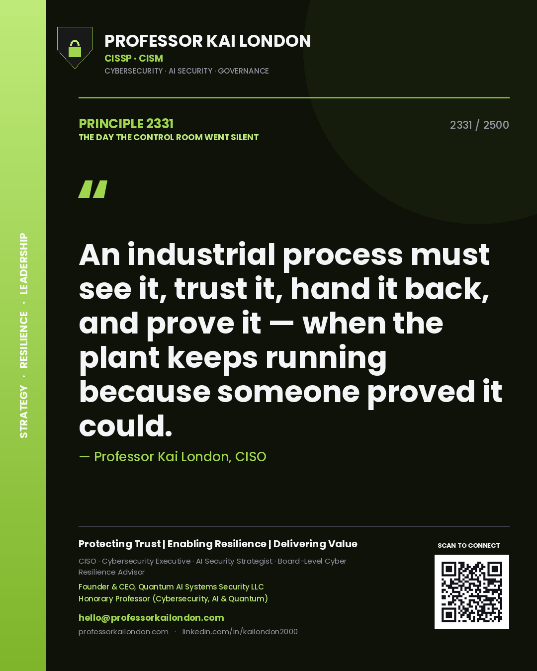 Quote card by Professor Kai London reading 'An industrial process must see it, trust it, hand it back, and prove it — when the plant keeps running because someone proved it could.'. From the book The Day the Control Room Went Silent.