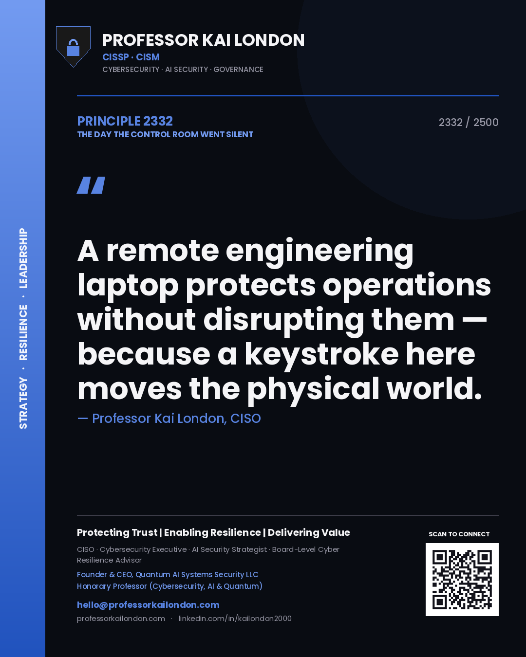 Quote card by Professor Kai London reading 'A remote engineering laptop protects operations without disrupting them — because a keystroke here moves the physical world.'. From the book The Day the Control Room Went Silent.