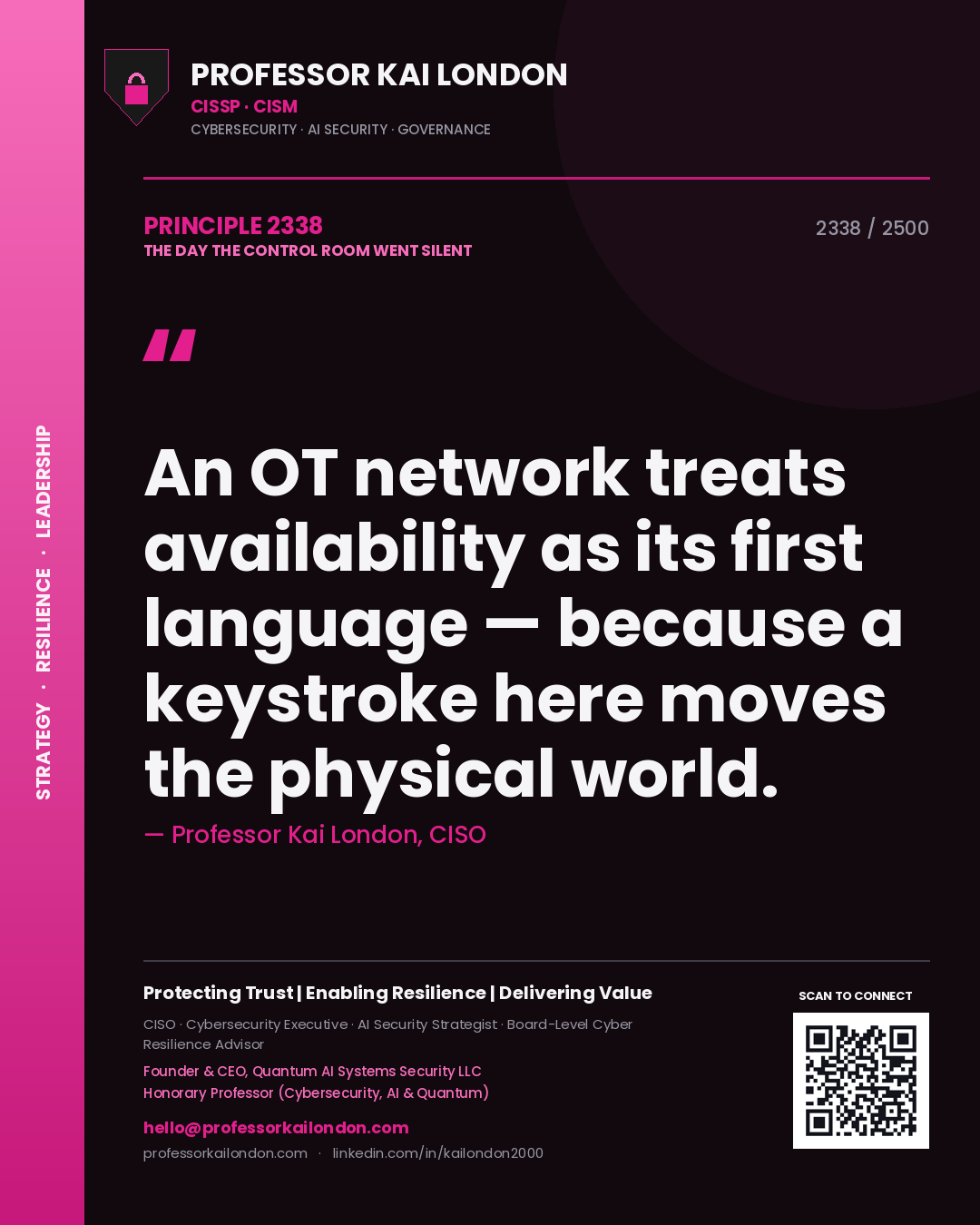 Quote card by Professor Kai London reading 'An OT network treats availability as its first language — because a keystroke here moves the physical world.'. From the book The Day the Control Room Went Silent.