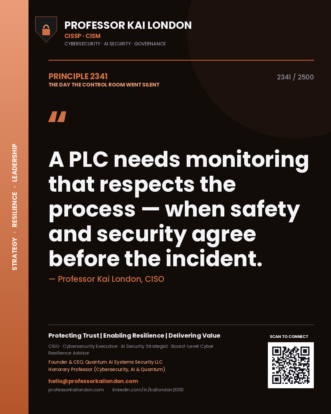 Quote card by Professor Kai London reading 'A PLC needs monitoring that respects the process — when safety and security agree before the incident.'. From the book The Day the Control Room Went Silent.