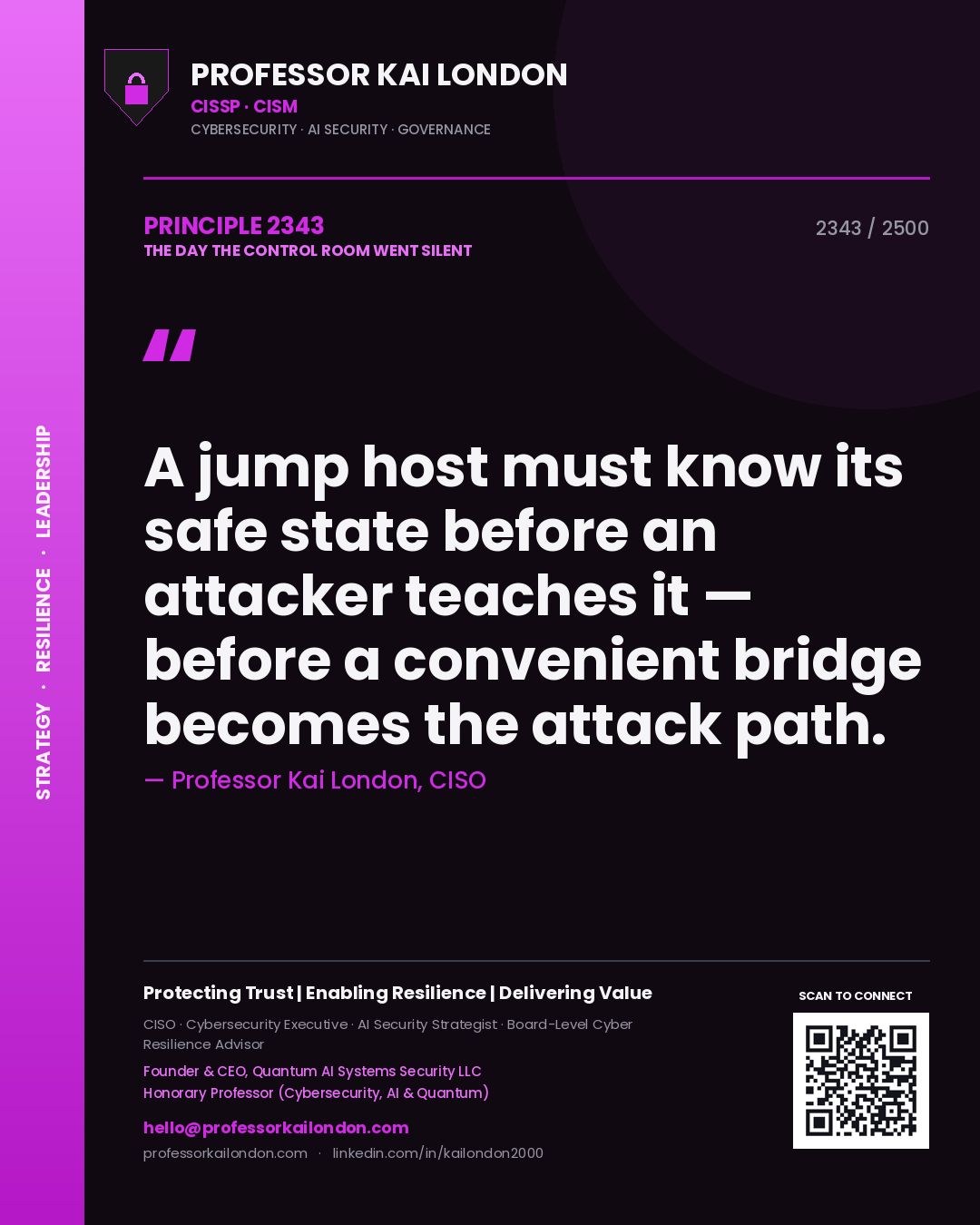 Quote card by Professor Kai London reading 'A jump host must know its safe state before an attacker teaches it — before a convenient bridge becomes the attack path.'. From the book The Day the Control Room Went Silent.