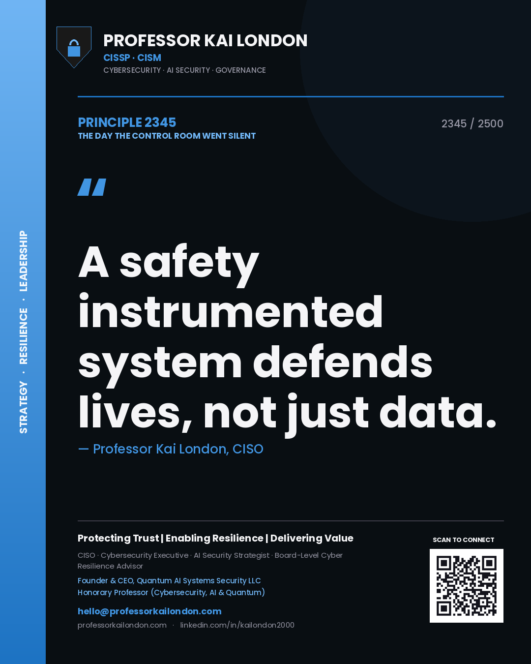 Quote card by Professor Kai London reading 'A safety instrumented system defends lives, not just data.'. From the book The Day the Control Room Went Silent.