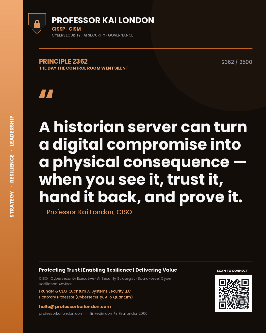 Quote card by Professor Kai London reading 'A historian server can turn a digital compromise into a physical consequence — when you see it, trust it, hand it back, and prove it.'. From the book The Day the Control Room Went Silent.