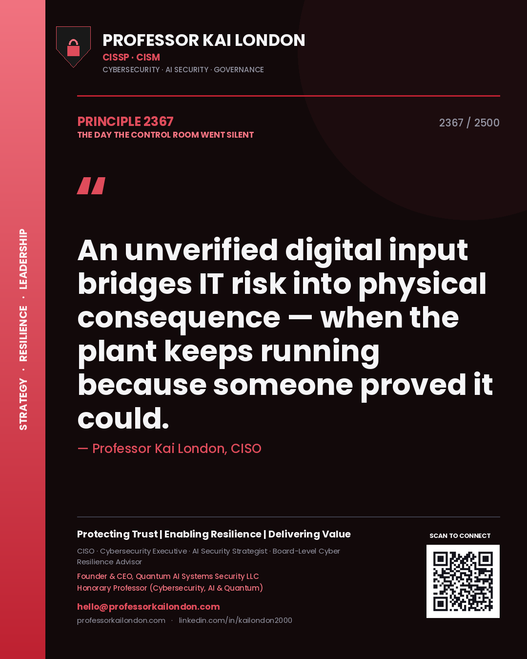 Quote card by Professor Kai London reading 'An unverified digital input bridges IT risk into physical consequence — when the plant keeps running because someone proved it could.'. From the book The Day the Control Room Went Silent.