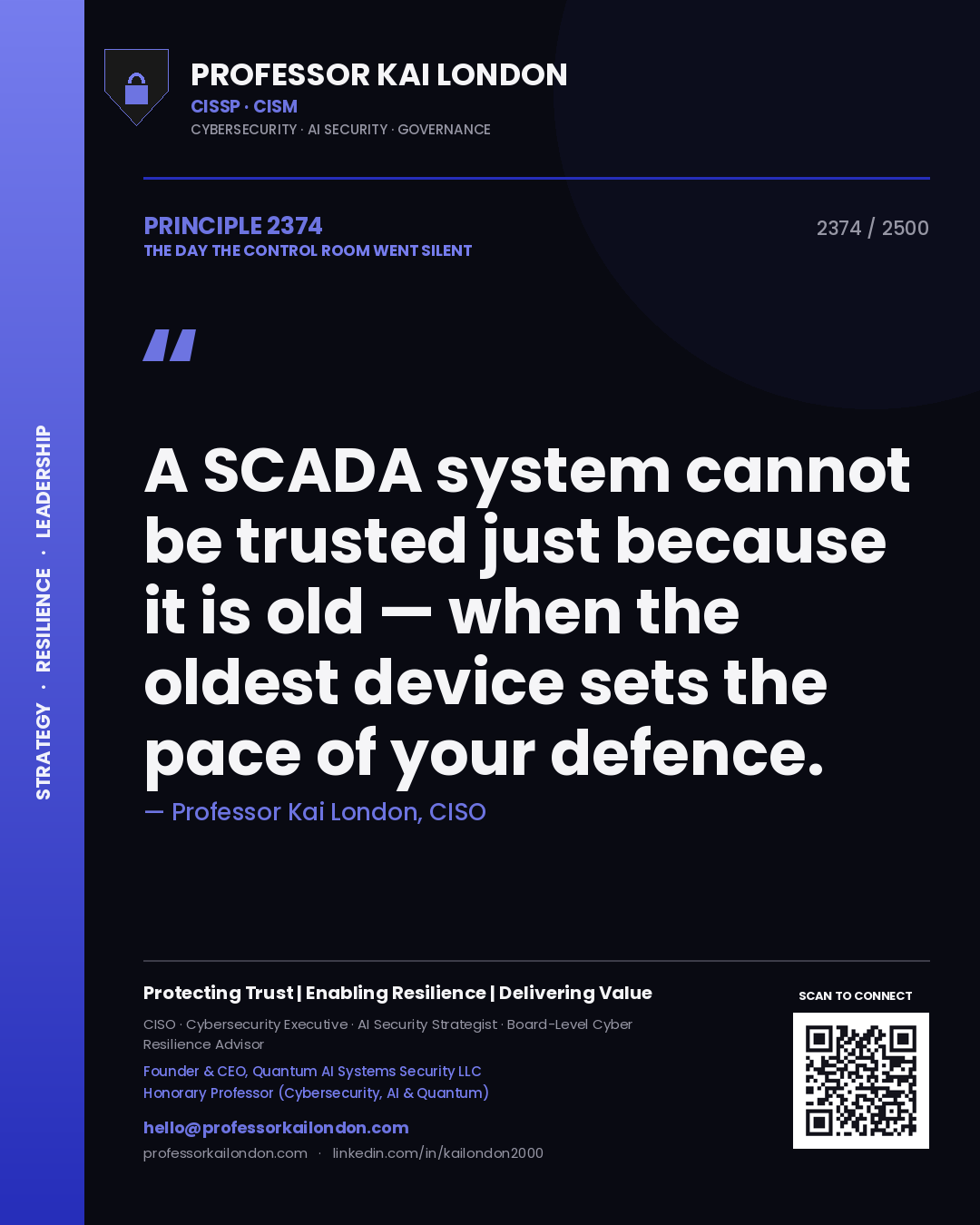 Quote card by Professor Kai London reading 'A SCADA system cannot be trusted just because it is old — when the oldest device sets the pace of your defence.'. From the book The Day the Control Room Went Silent.