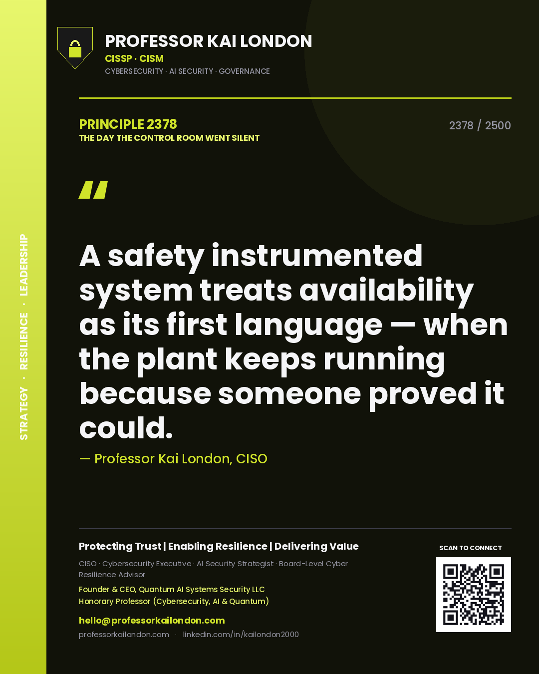 Quote card by Professor Kai London reading 'A safety instrumented system treats availability as its first language — when the plant keeps running because someone proved it could.'. From the book The Day the Control Room Went Silent.