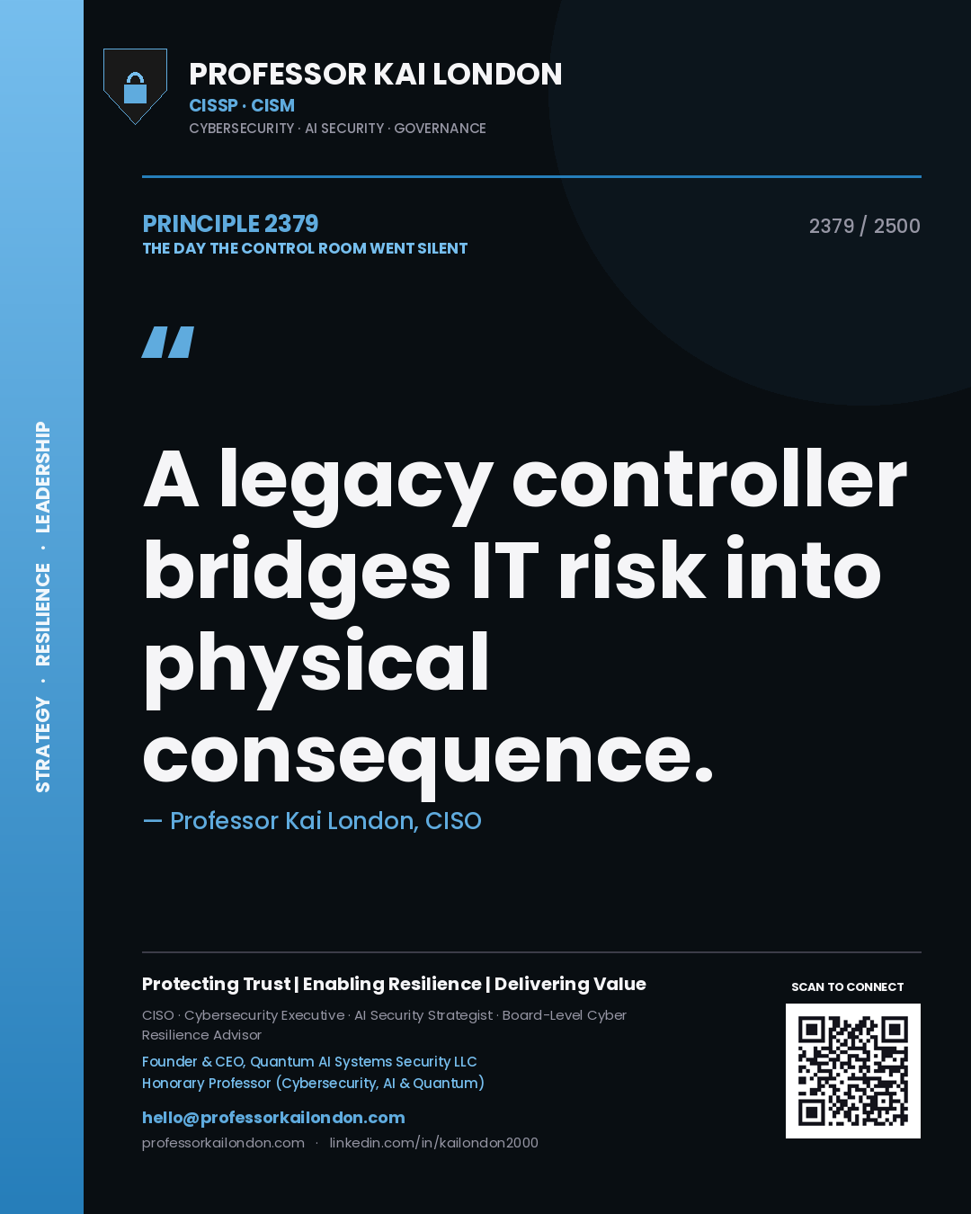 Quote card by Professor Kai London reading 'A legacy controller bridges IT risk into physical consequence.'. From the book The Day the Control Room Went Silent.