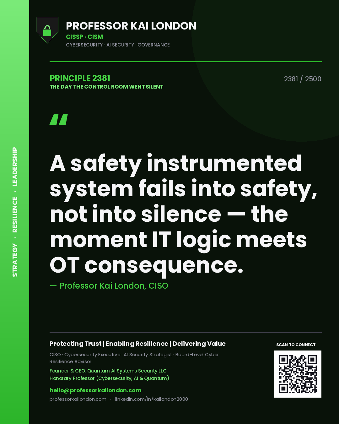 Quote card by Professor Kai London reading 'A safety instrumented system fails into safety, not into silence — the moment IT logic meets OT consequence.'. From the book The Day the Control Room Went Silent.