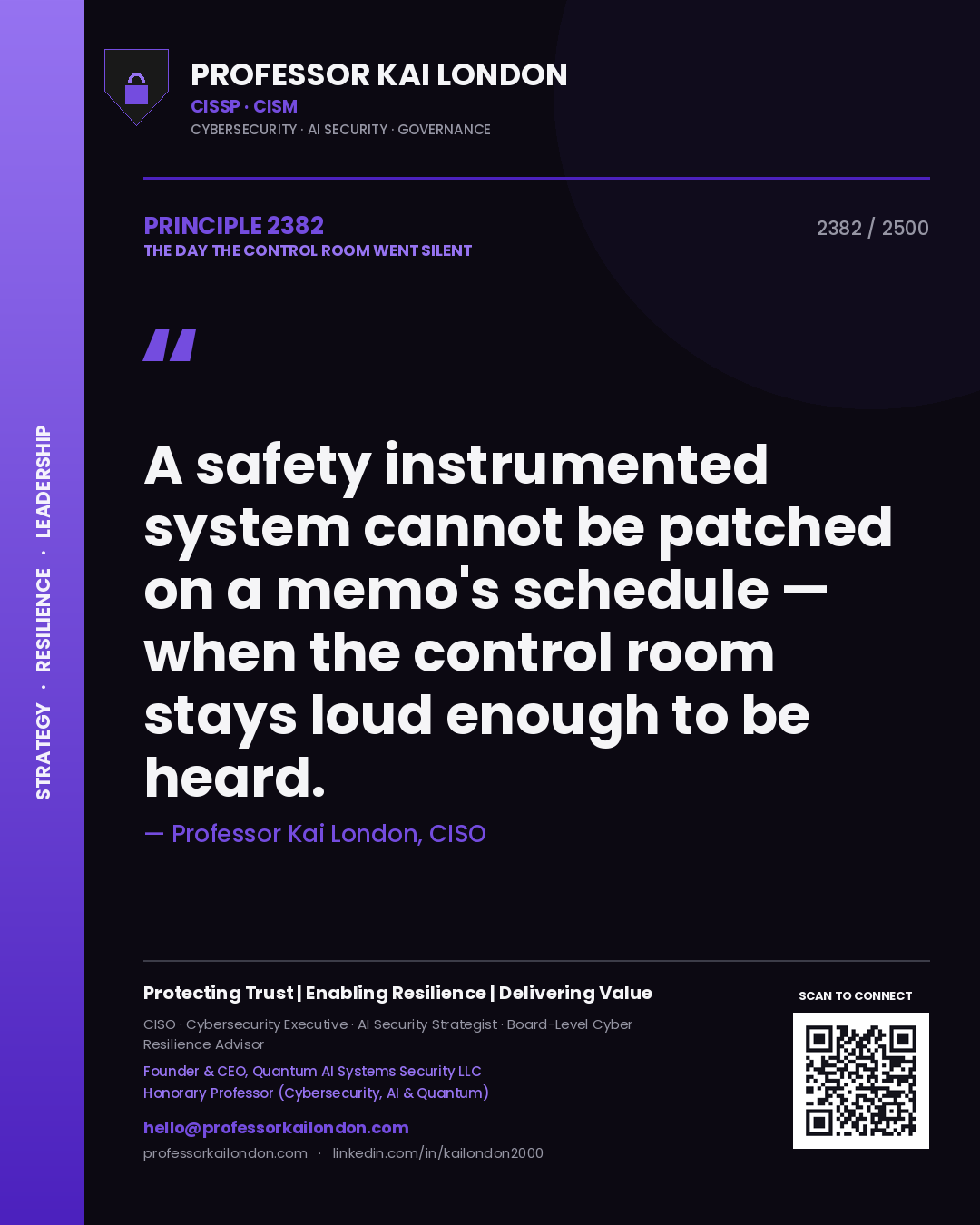Quote card by Professor Kai London reading 'A safety instrumented system cannot be patched on a memo's schedule — when the control room stays loud enough to be heard.'. From the book The Day the Control Room Went Silent.