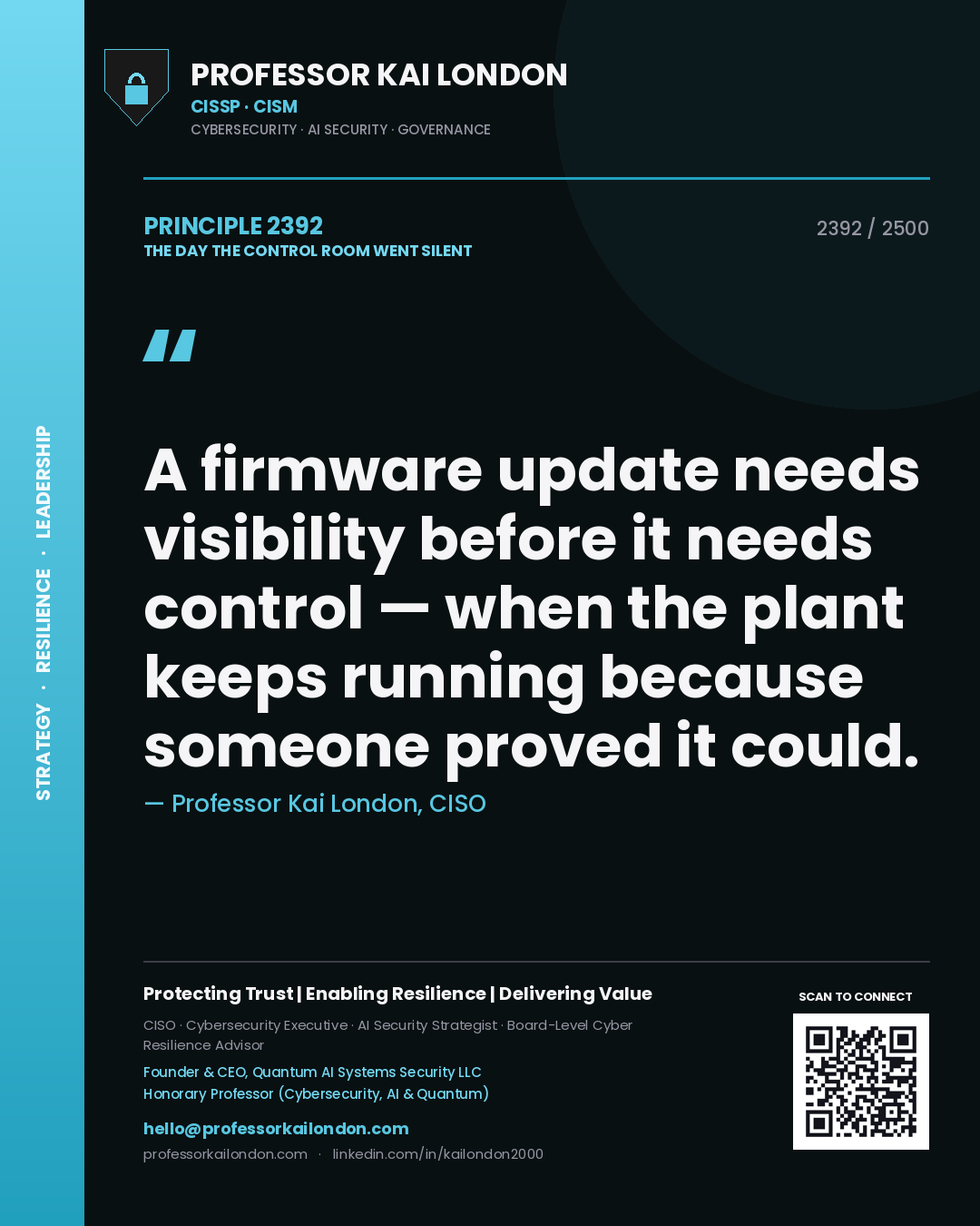 Quote card by Professor Kai London reading 'A firmware update needs visibility before it needs control — when the plant keeps running because someone proved it could.'. From the book The Day the Control Room Went Silent.