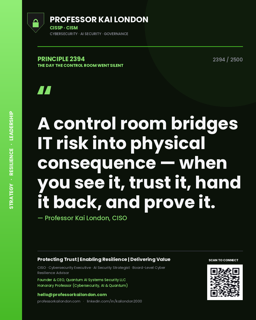 Quote card by Professor Kai London reading 'A control room bridges IT risk into physical consequence — when you see it, trust it, hand it back, and prove it.'. From the book The Day the Control Room Went Silent.
