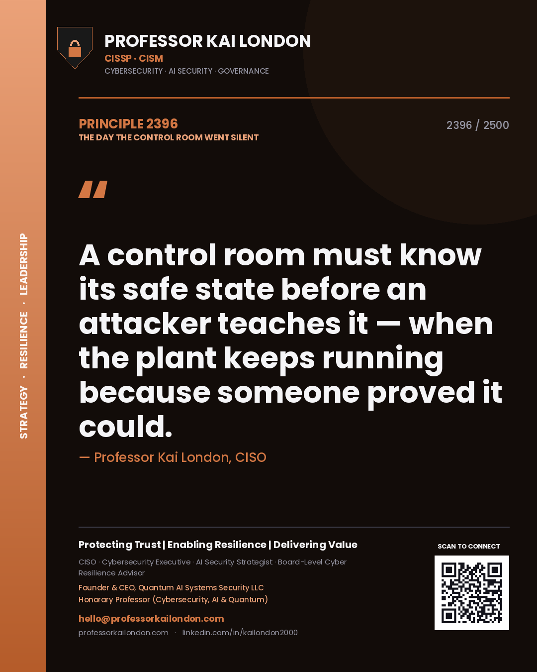 Quote card by Professor Kai London reading 'A control room must know its safe state before an attacker teaches it — when the plant keeps running because someone proved it could.'. From the book The Day the Control Room Went Silent.