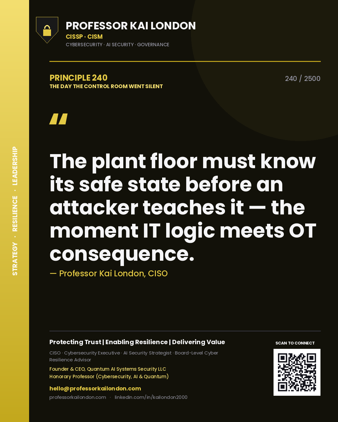 Quote card by Professor Kai London reading 'The plant floor must know its safe state before an attacker teaches it — the moment IT logic meets OT consequence.'. From the book The Day the Control Room Went Silent.