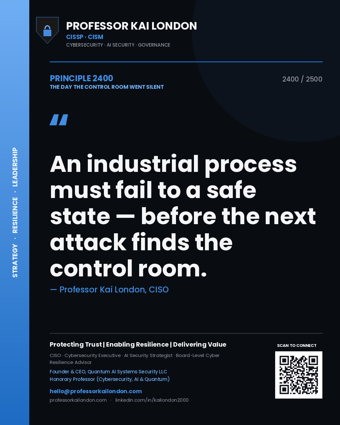 Quote card by Professor Kai London reading 'An industrial process must fail to a safe state — before the next attack finds the control room.'. From the book The Day the Control Room Went Silent.