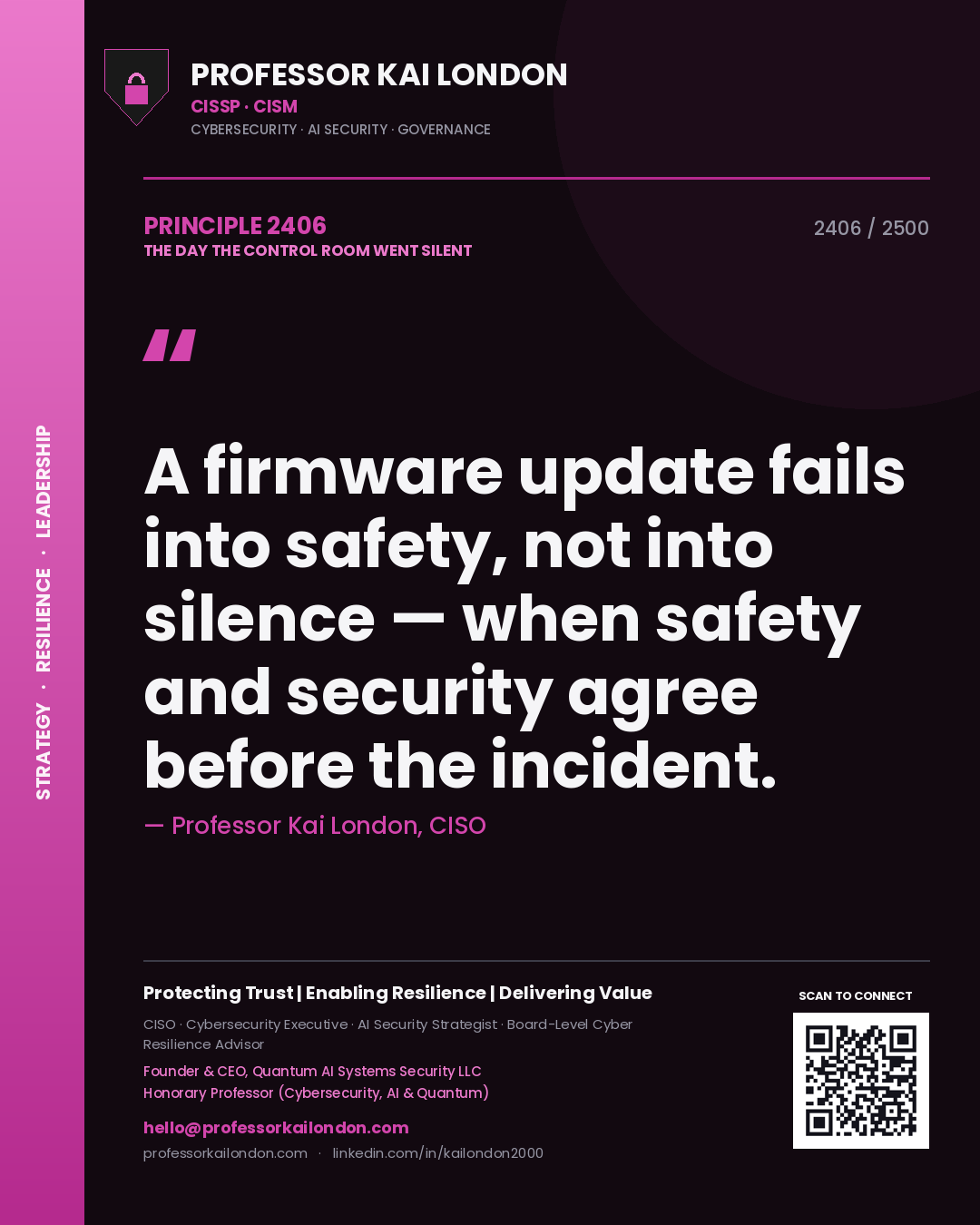 Quote card by Professor Kai London reading 'A firmware update fails into safety, not into silence — when safety and security agree before the incident.'. From the book The Day the Control Room Went Silent.