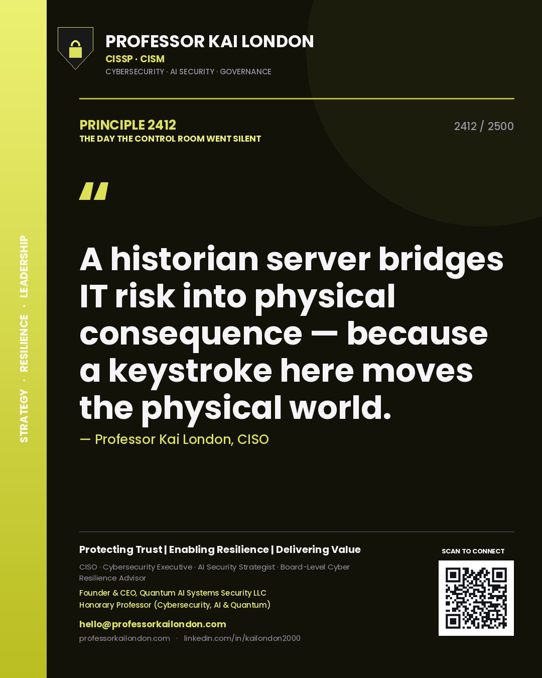 Quote card by Professor Kai London reading 'A historian server bridges IT risk into physical consequence — because a keystroke here moves the physical world.'. From the book The Day the Control Room Went Silent.