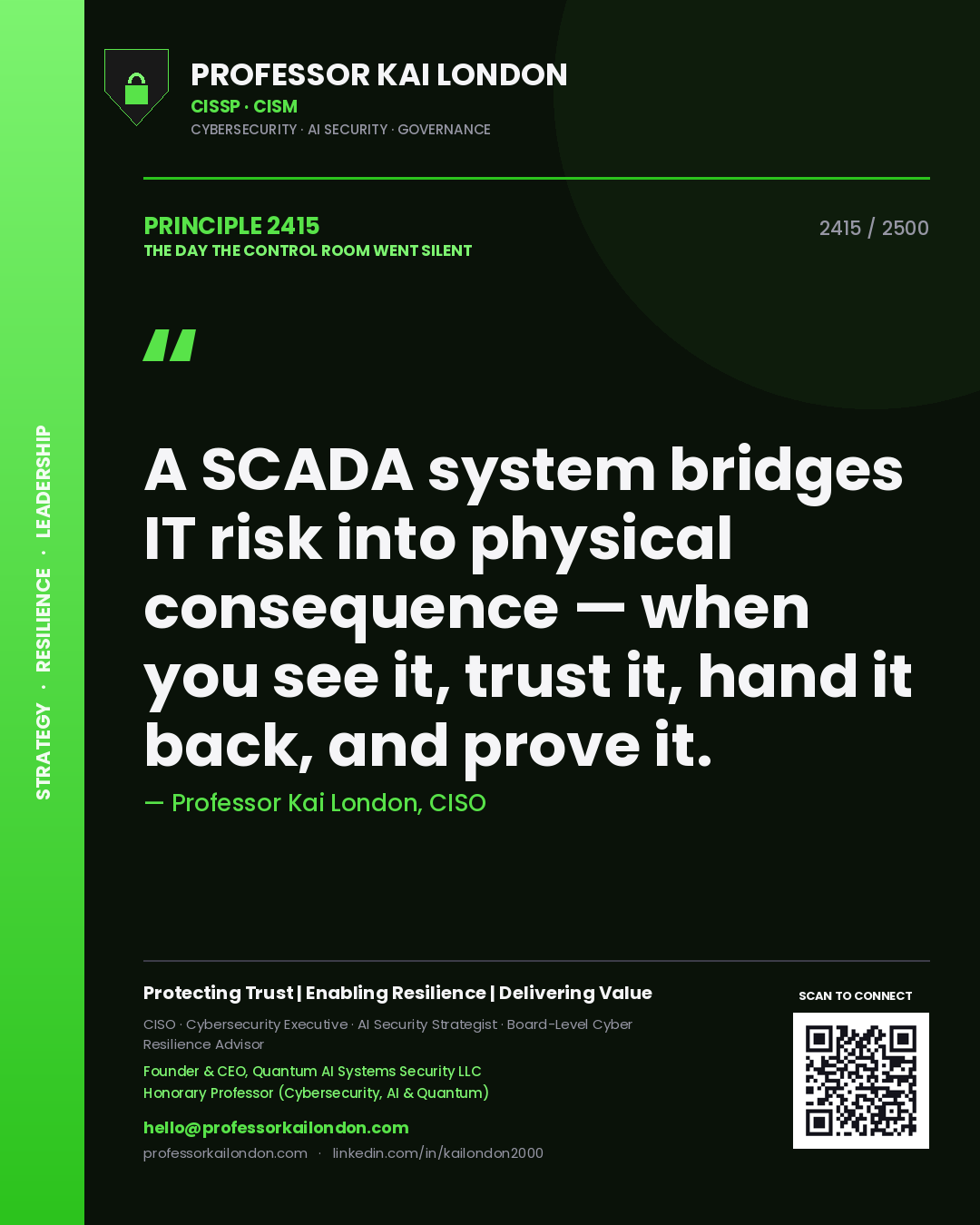 Quote card by Professor Kai London reading 'A SCADA system bridges IT risk into physical consequence — when you see it, trust it, hand it back, and prove it.'. From the book The Day the Control Room Went Silent.