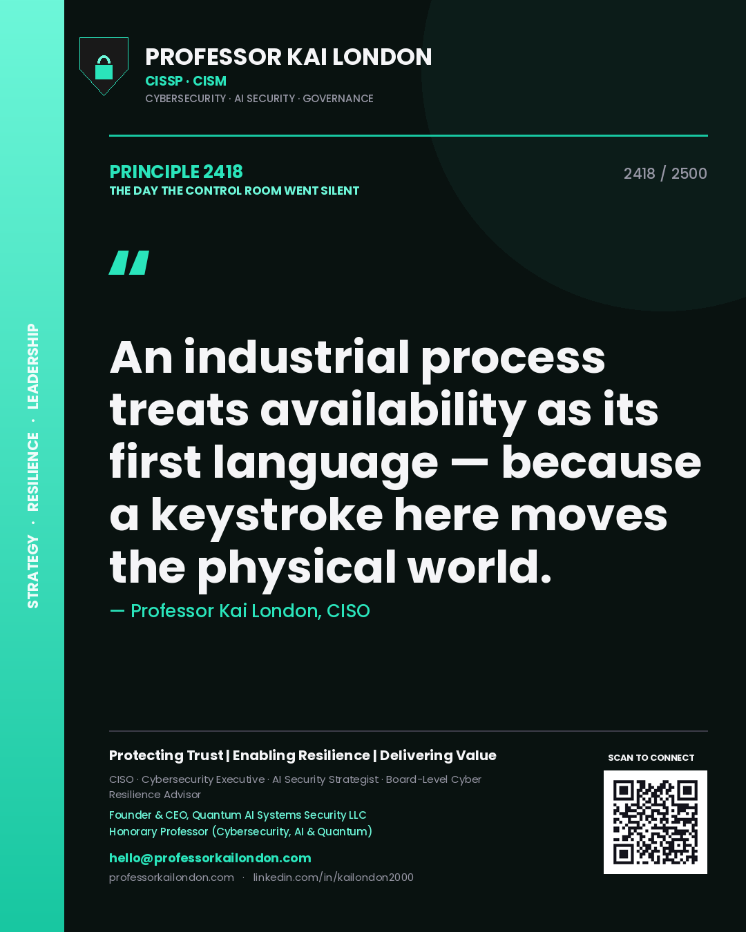 Quote card by Professor Kai London reading 'An industrial process treats availability as its first language — because a keystroke here moves the physical world.'. From the book The Day the Control Room Went Silent.