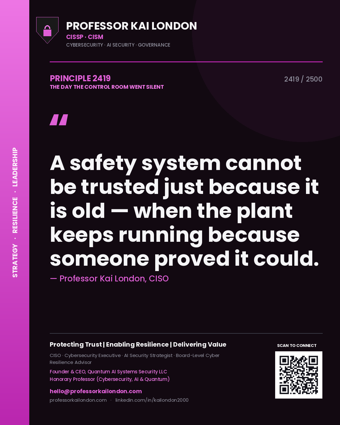Quote card by Professor Kai London reading 'A safety system cannot be trusted just because it is old — when the plant keeps running because someone proved it could.'. From the book The Day the Control Room Went Silent.