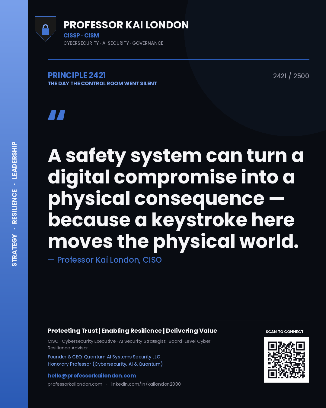 Quote card by Professor Kai London reading 'A safety system can turn a digital compromise into a physical consequence — because a keystroke here moves the physical world.'. From the book The Day the Control Room Went Silent.