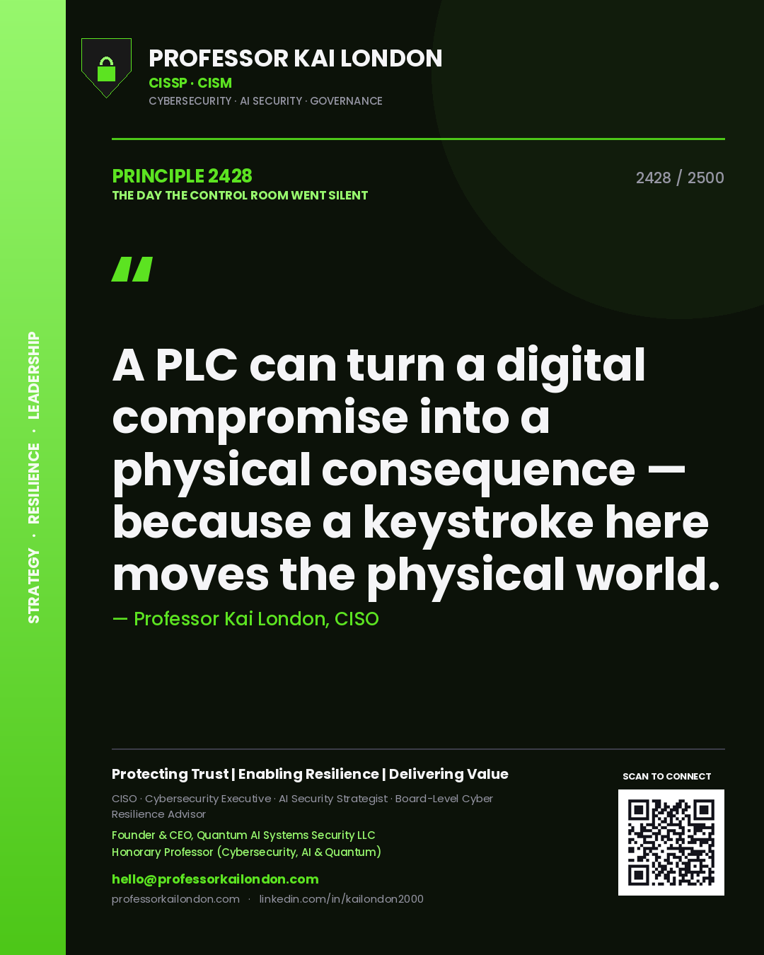 Quote card by Professor Kai London reading 'A PLC can turn a digital compromise into a physical consequence — because a keystroke here moves the physical world.'. From the book The Day the Control Room Went Silent.