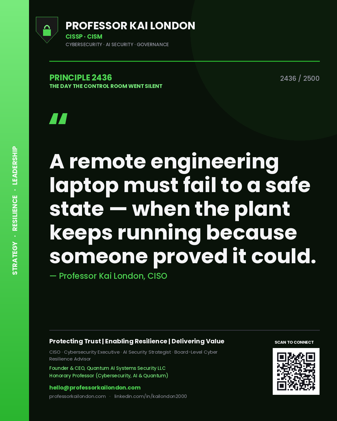 Quote card by Professor Kai London reading 'A remote engineering laptop must fail to a safe state — when the plant keeps running because someone proved it could.'. From the book The Day the Control Room Went Silent.