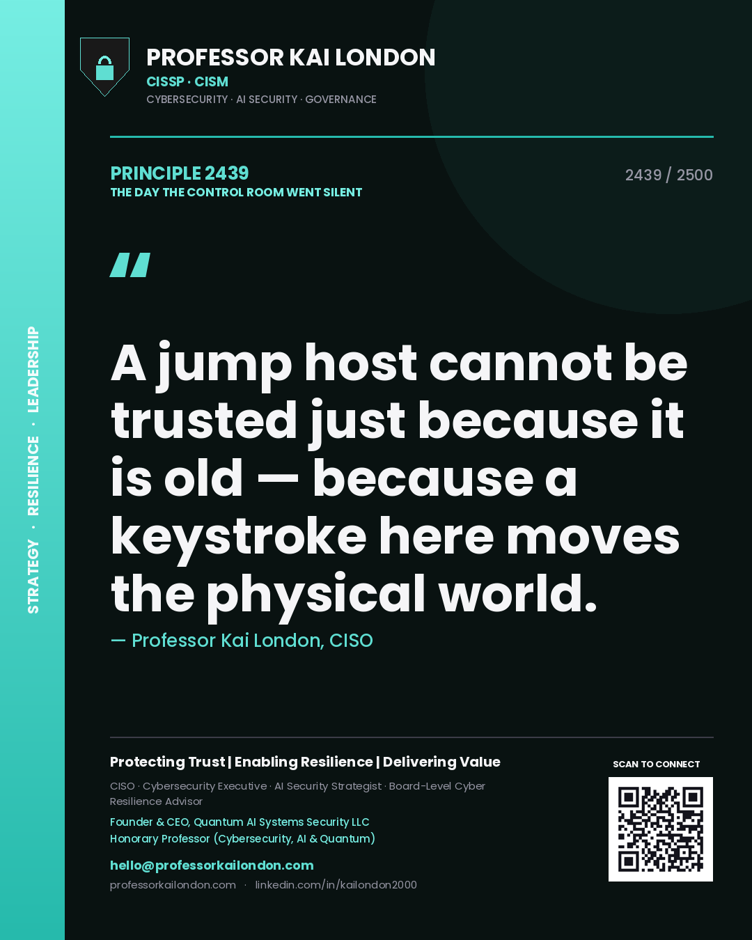 Quote card by Professor Kai London reading 'A jump host cannot be trusted just because it is old — because a keystroke here moves the physical world.'. From the book The Day the Control Room Went Silent.