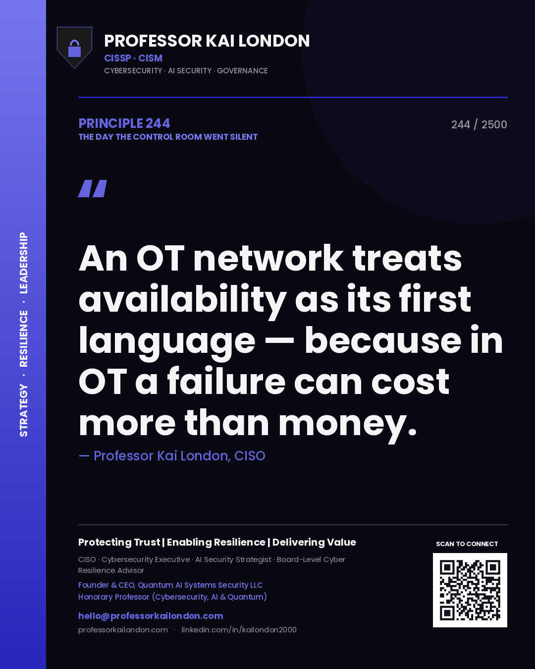 Quote card by Professor Kai London reading 'An OT network treats availability as its first language — because in OT a failure can cost more than money.'. From the book The Day the Control Room Went Silent.