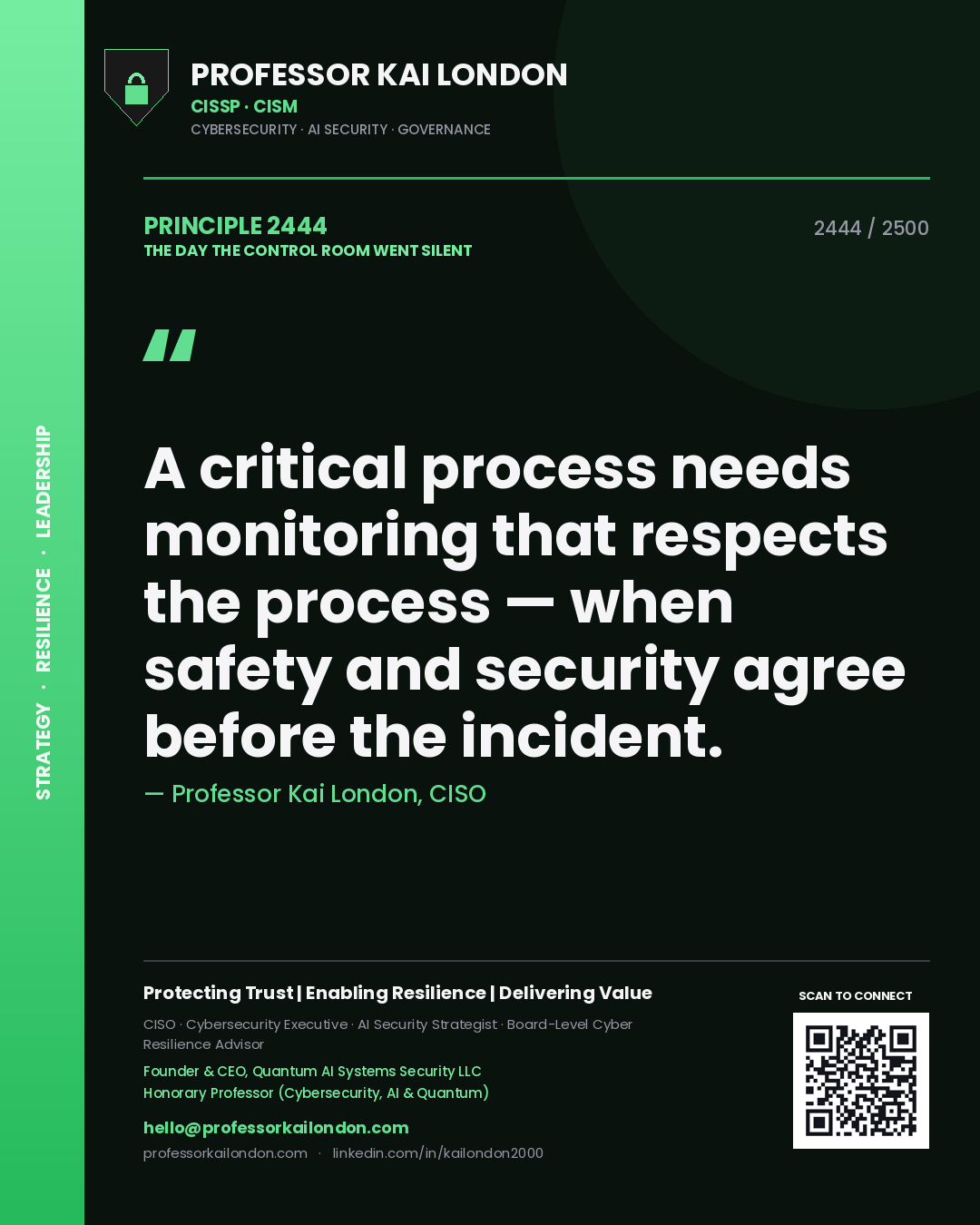 Quote card by Professor Kai London reading 'A critical process needs monitoring that respects the process — when safety and security agree before the incident.'. From the book The Day the Control Room Went Silent.