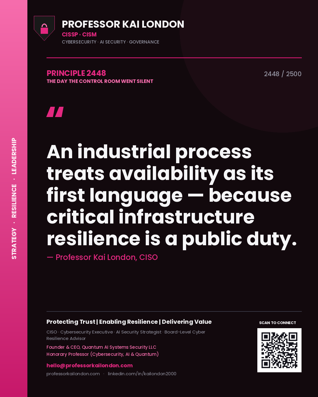 Quote card by Professor Kai London reading 'An industrial process treats availability as its first language — because critical infrastructure resilience is a public duty.'. From the book The Day the Control Room Went Silent.