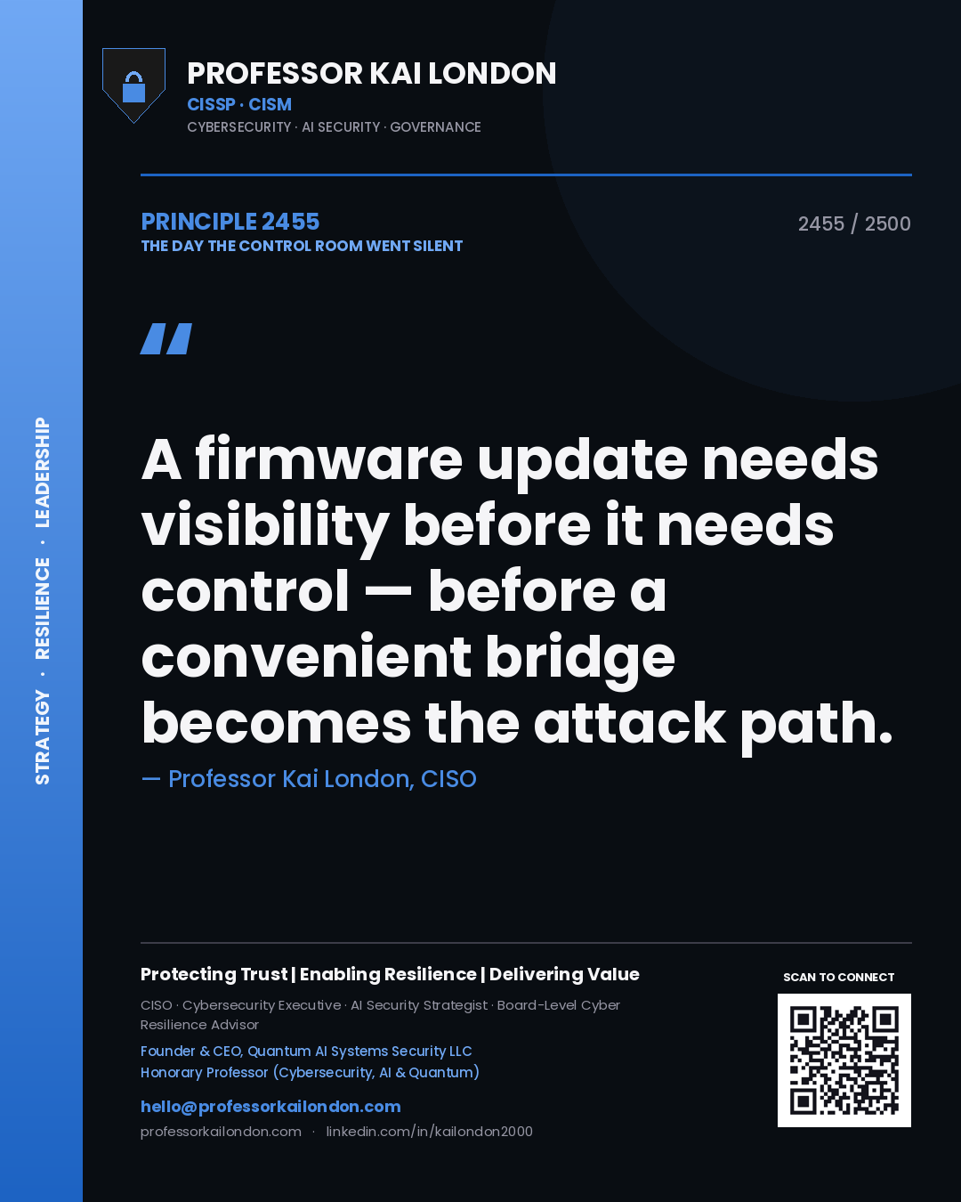 Quote card by Professor Kai London reading 'A firmware update needs visibility before it needs control — before a convenient bridge becomes the attack path.'. From the book The Day the Control Room Went Silent.