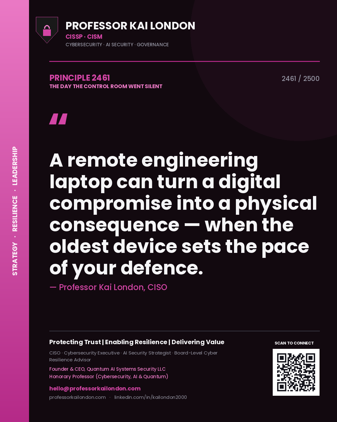 Quote card by Professor Kai London reading 'A remote engineering laptop can turn a digital compromise into a physical consequence — when the oldest device sets the pace of your defence.'. From the book The Day the Control Room Went Silent.