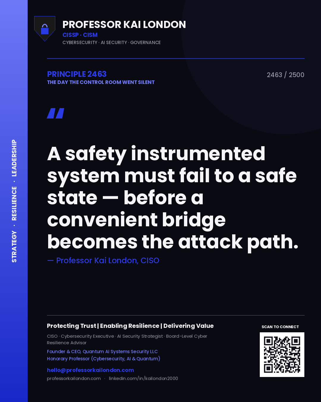 Quote card by Professor Kai London reading 'A safety instrumented system must fail to a safe state — before a convenient bridge becomes the attack path.'. From the book The Day the Control Room Went Silent.