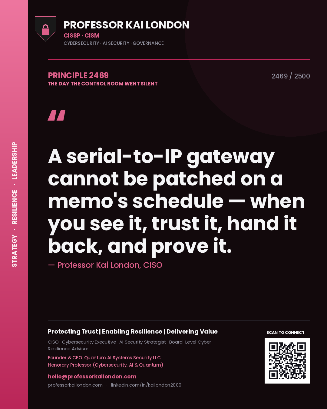 Quote card by Professor Kai London reading 'A serial-to-IP gateway cannot be patched on a memo's schedule — when you see it, trust it, hand it back, and prove it.'. From the book The Day the Control Room Went Silent.