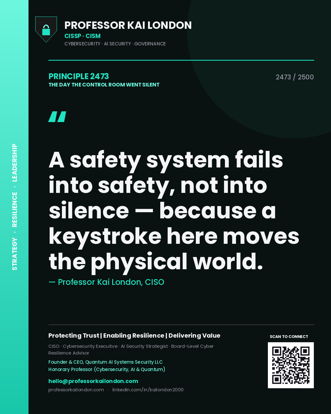 Quote card by Professor Kai London reading 'A safety system fails into safety, not into silence — because a keystroke here moves the physical world.'. From the book The Day the Control Room Went Silent.