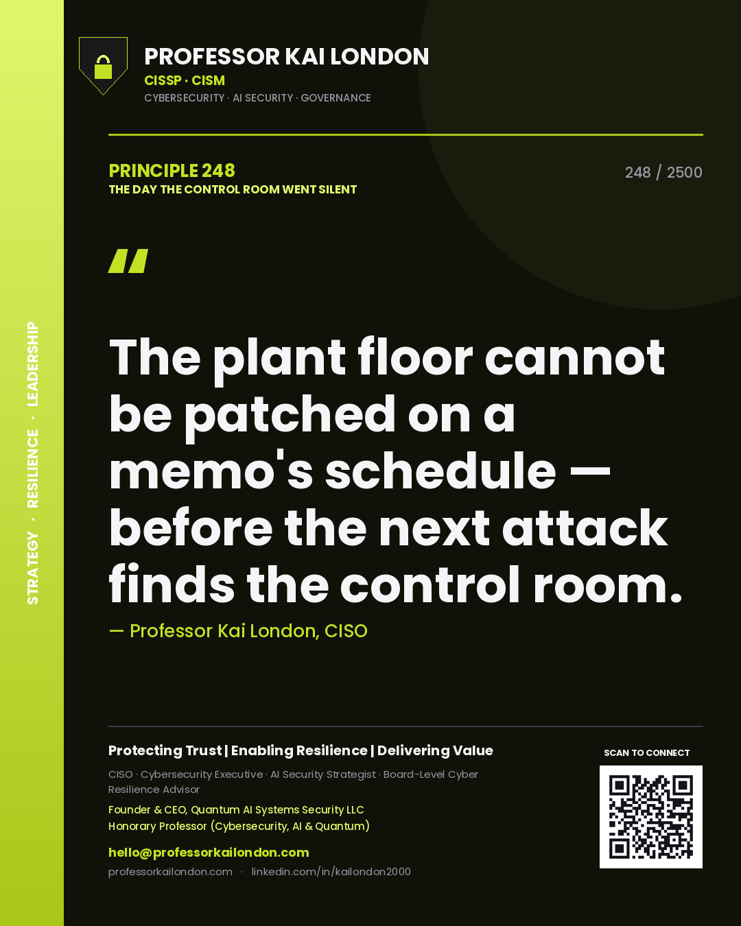 Quote card by Professor Kai London reading 'The plant floor cannot be patched on a memo's schedule — before the next attack finds the control room.'. From the book The Day the Control Room Went Silent.