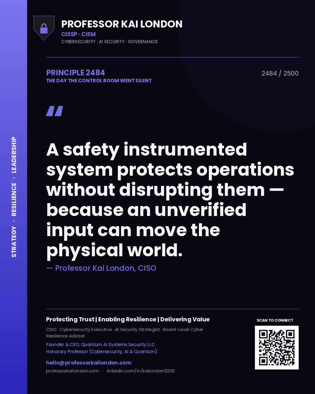Quote card by Professor Kai London reading 'A safety instrumented system protects operations without disrupting them — because an unverified input can move the physical world.'. From the book The Day the Control Room Went Silent.