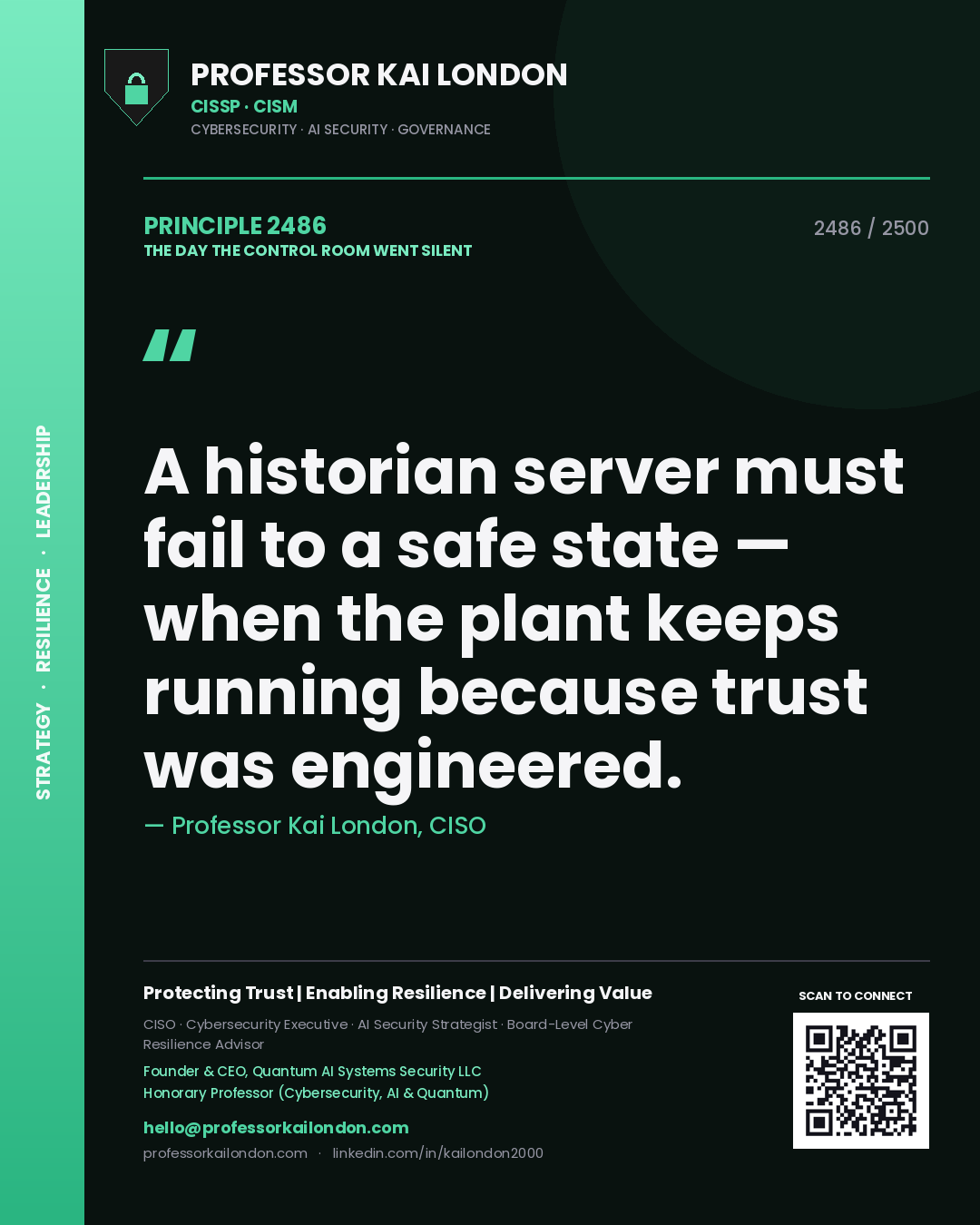 Quote card by Professor Kai London reading 'A historian server must fail to a safe state — when the plant keeps running because trust was engineered.'. From the book The Day the Control Room Went Silent.