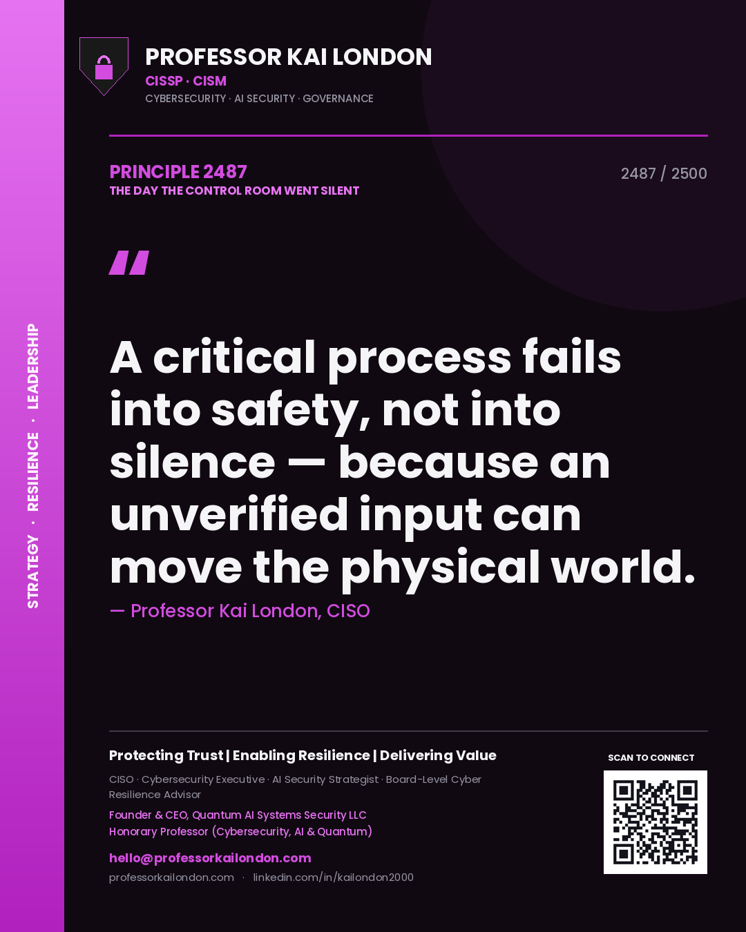 Quote card by Professor Kai London reading 'A critical process fails into safety, not into silence — because an unverified input can move the physical world.'. From the book The Day the Control Room Went Silent.
