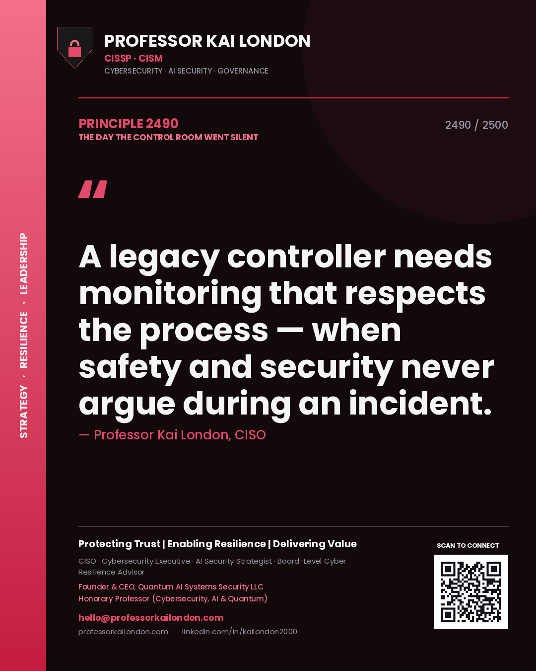 Quote card by Professor Kai London reading 'A legacy controller needs monitoring that respects the process — when safety and security never argue during an incident.'. From the book The Day the Control Room Went Silent.