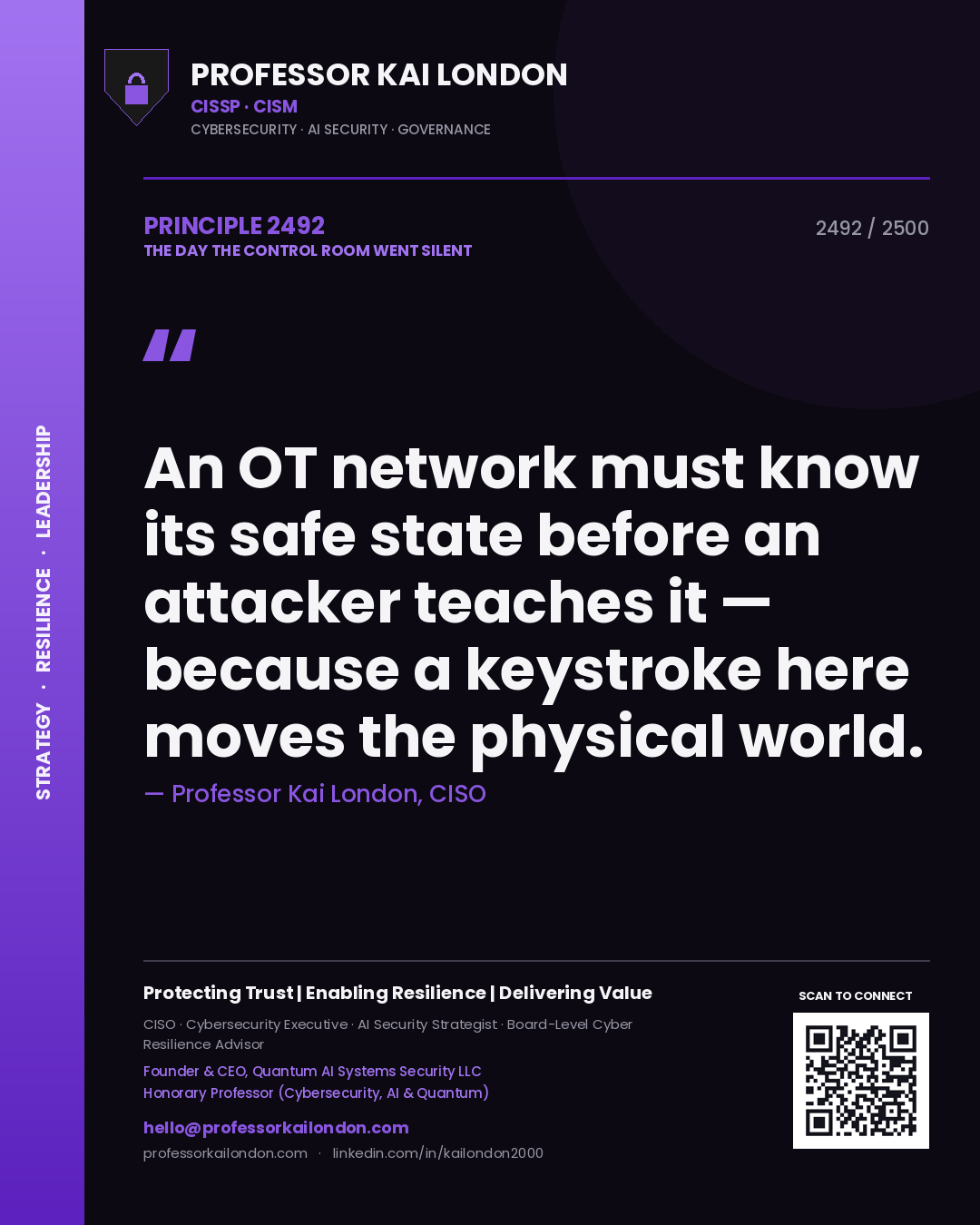 Professor Kai London principle 2492: An OT network must know its safe state before an attacker teaches it — because a keystroke here moves the physical world.