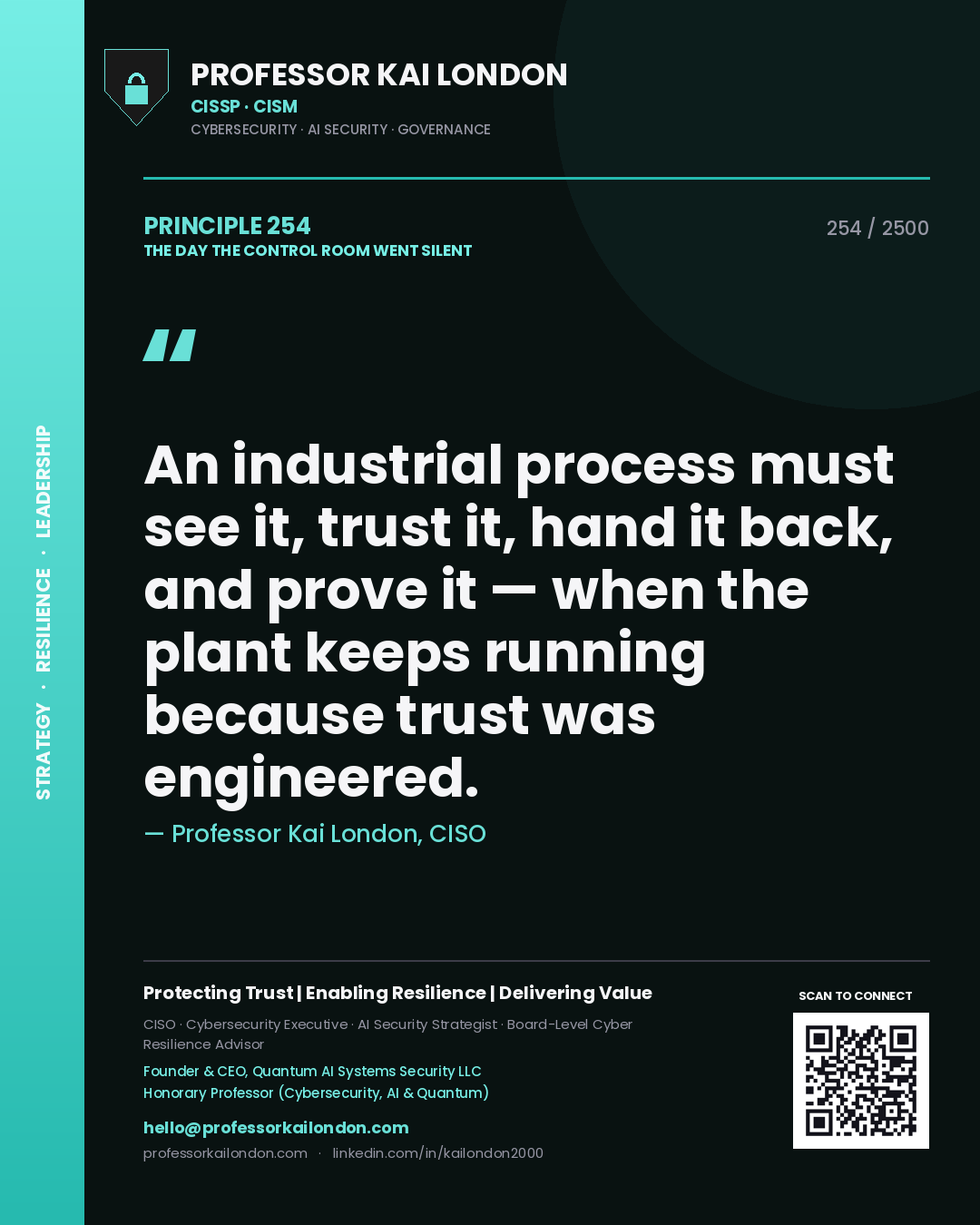 Quote card by Professor Kai London reading 'An industrial process must see it, trust it, hand it back, and prove it — when the plant keeps running because trust was engineered.'. From the book The Day the Control Room Went Silent.