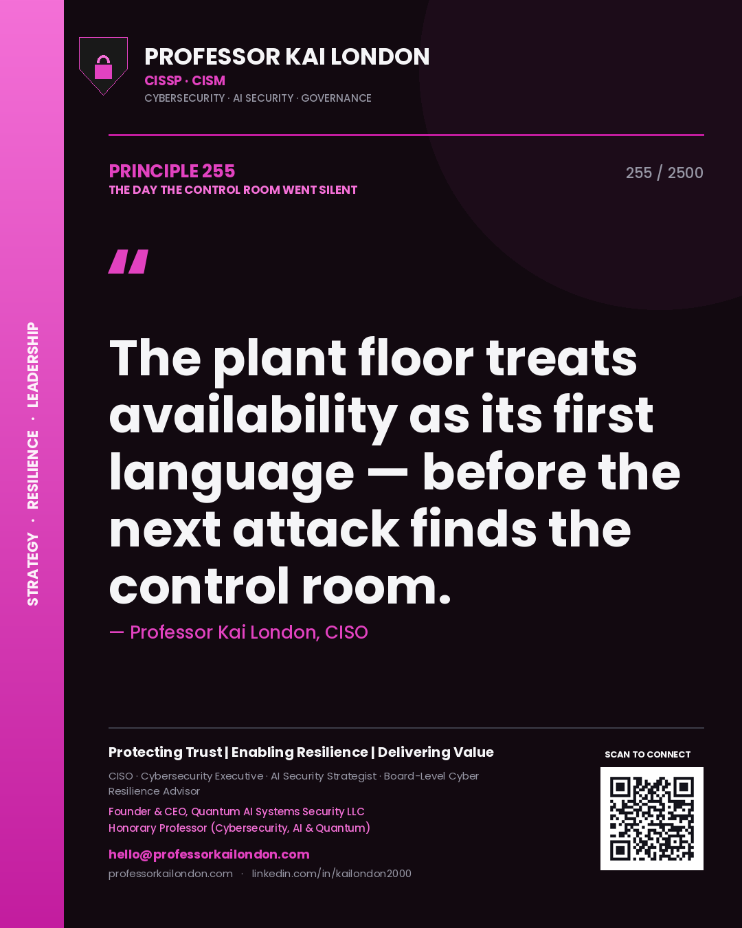 Professor Kai London principle 255: The plant floor treats availability as its first language — before the next attack finds the control room.