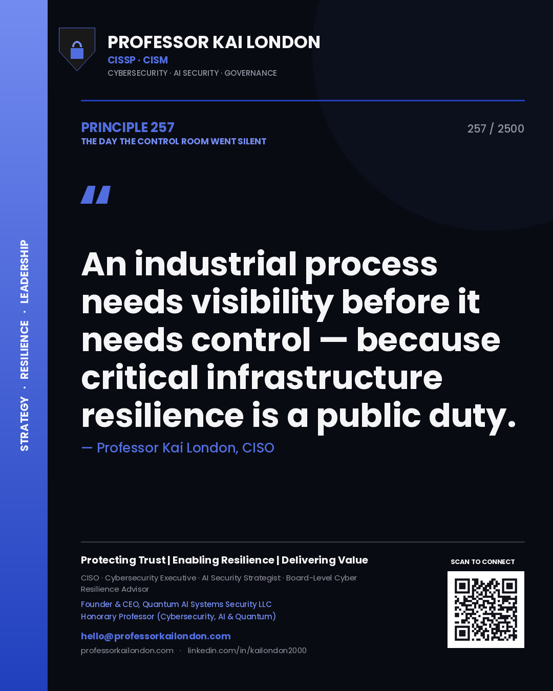 Quote card by Professor Kai London reading 'An industrial process needs visibility before it needs control — because critical infrastructure resilience is a public duty.'. From the book The Day the Control Room Went Silent.