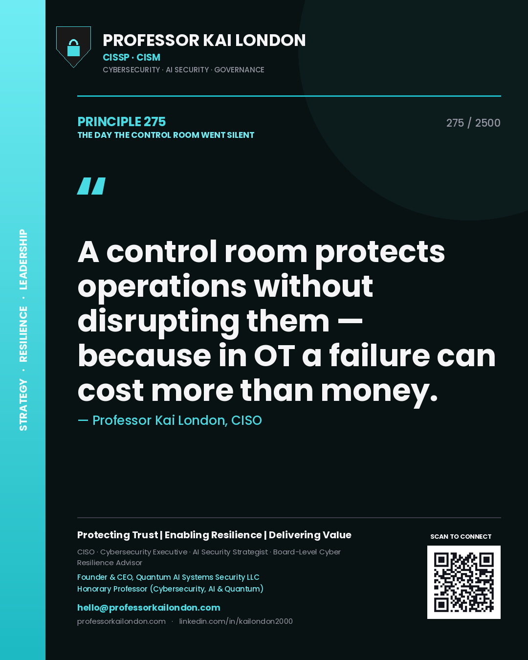 Professor Kai London principle 275: A control room protects operations without disrupting them — because in OT a failure can cost more than money.
