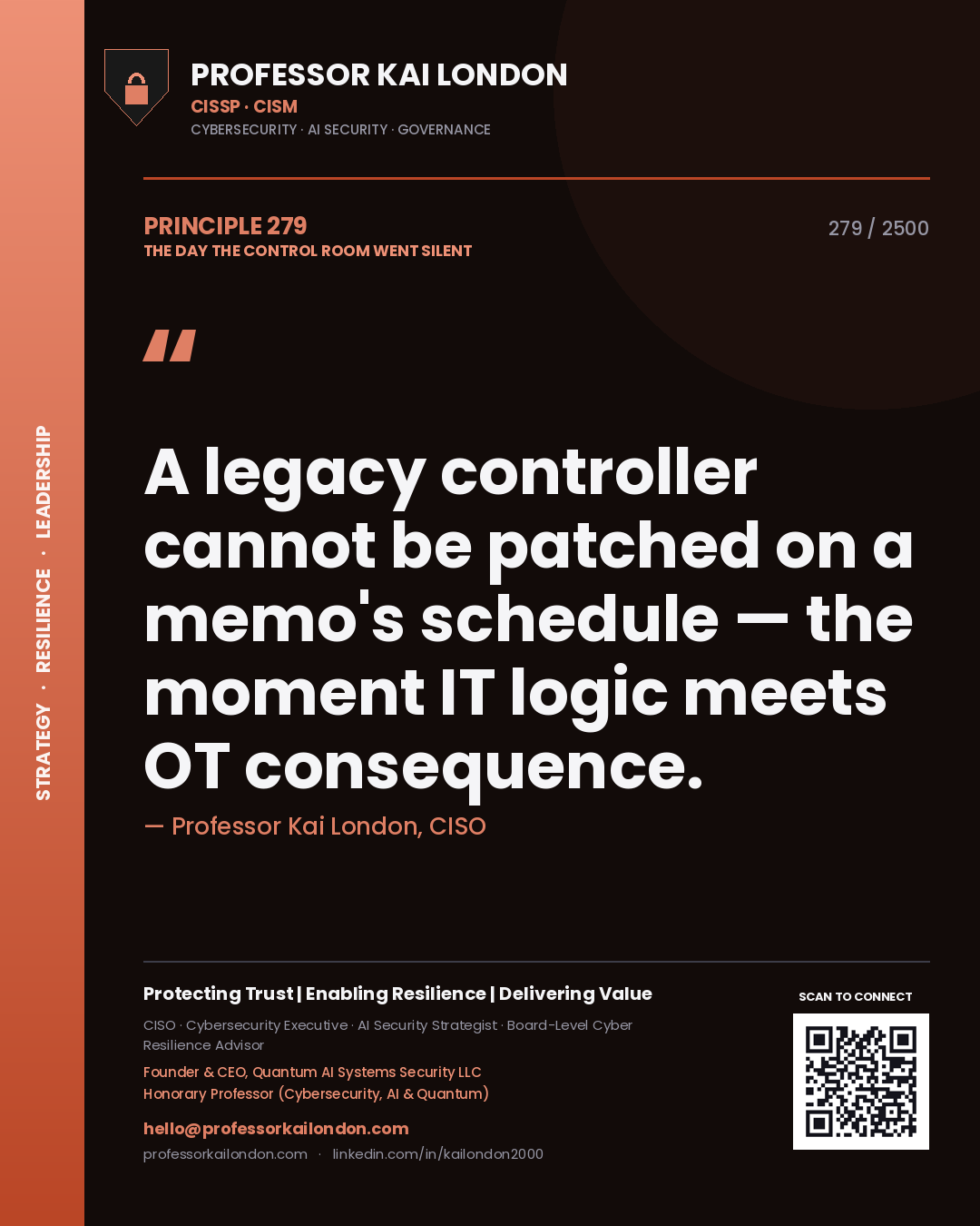 Professor Kai London principle 279: A legacy controller cannot be patched on a memo's schedule — the moment IT logic meets OT consequence.