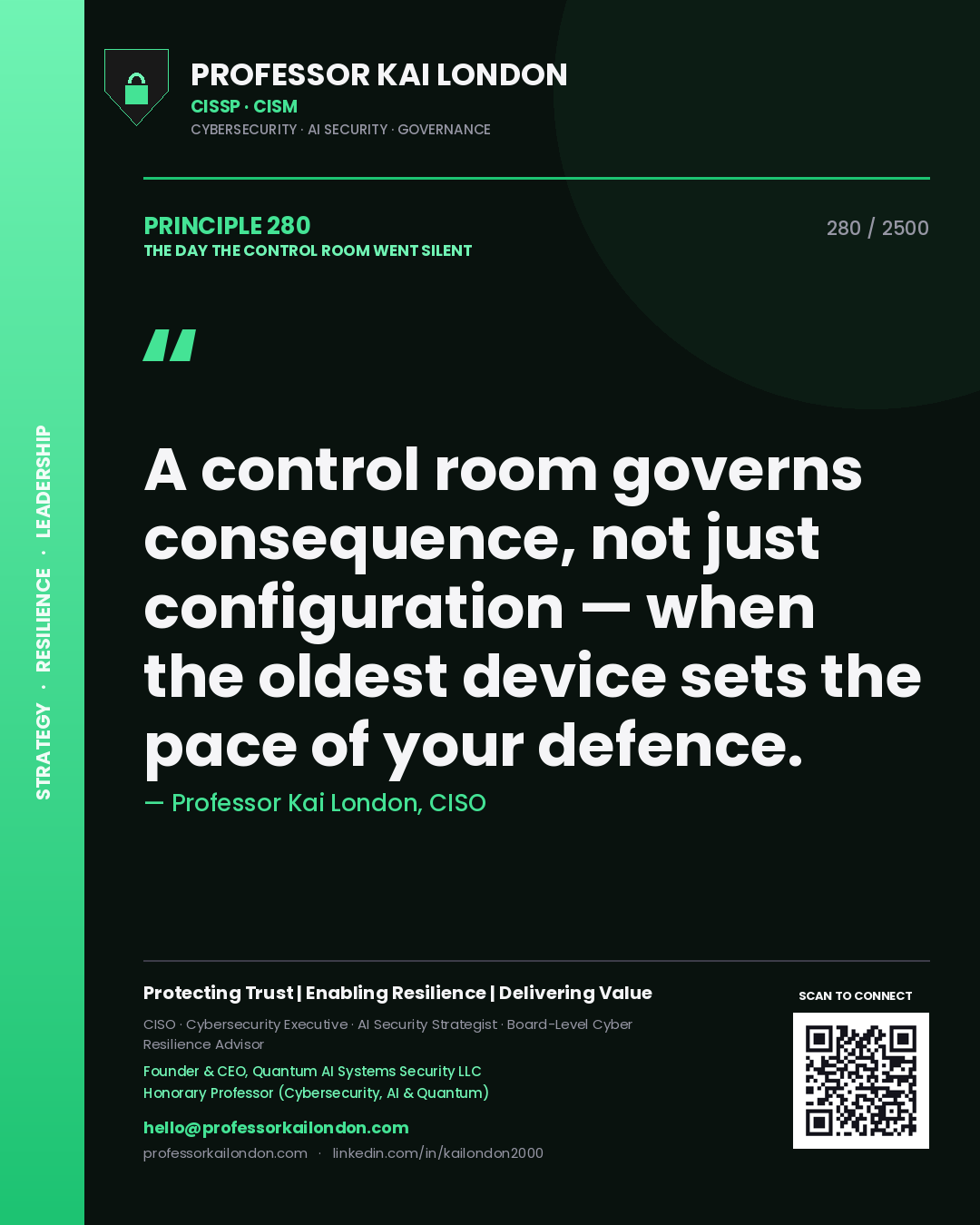Professor Kai London principle 280: A control room governs consequence, not just configuration — when the oldest device sets the pace of your defence.