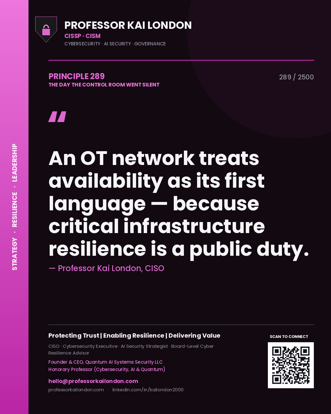 Professor Kai London principle 289: An OT network treats availability as its first language — because critical infrastructure resilience is a public duty.
