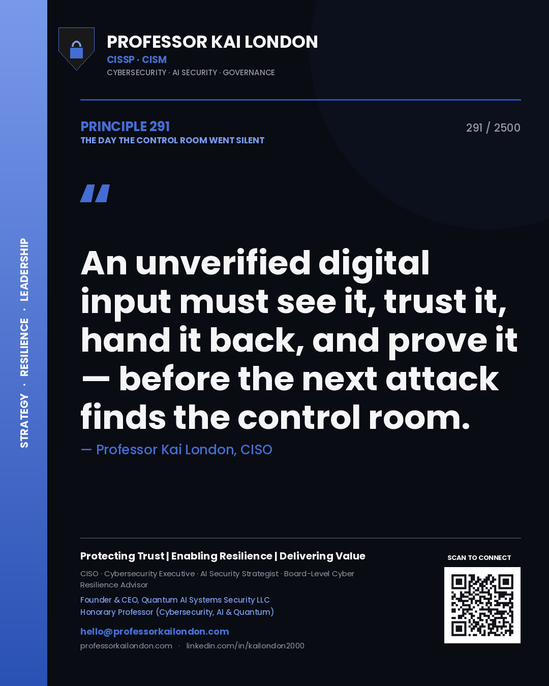 Professor Kai London principle 291: An unverified digital input must see it, trust it, hand it back, and prove it — before the next attack finds the control room.