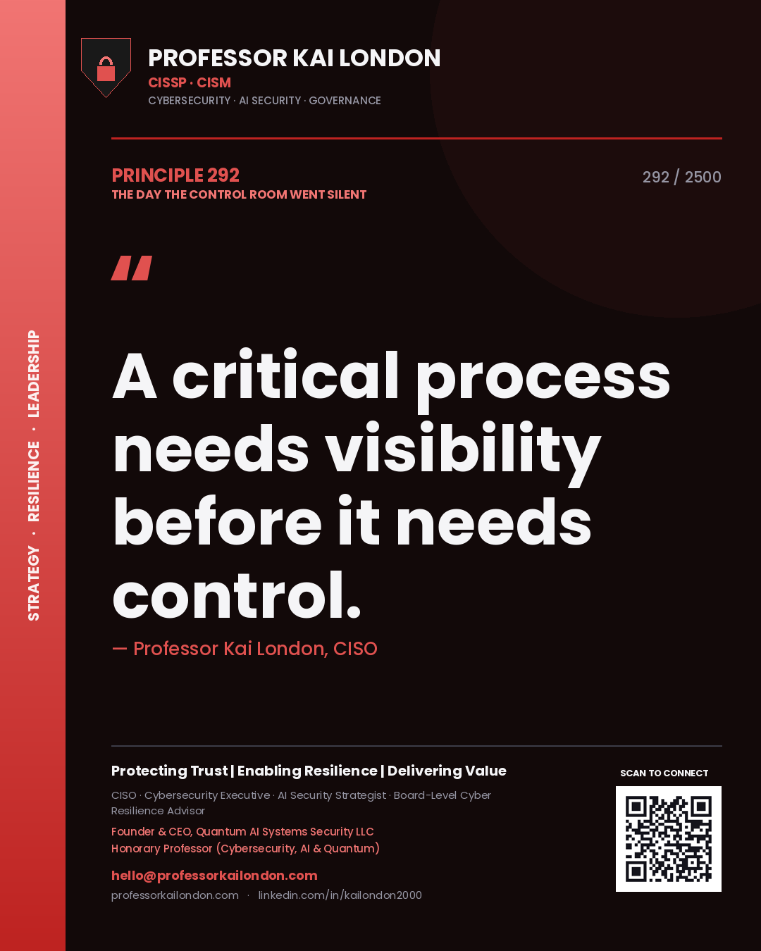 Quote card by Professor Kai London reading 'A critical process needs visibility before it needs control.'. From the book The Day the Control Room Went Silent.